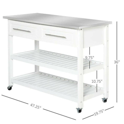 White Rolling Kitchen Island 2 Drawers Storage with Stainless Steel Top - FurniFindUSA