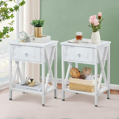 Set of 2 - Rustic Farmhouse 1-Drawer Nightstand Bedside Table in White - FurniFindUSA