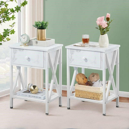 Set of 2 - Rustic Farmhouse 1-Drawer Nightstand Bedside Table in White - FurniFindUSA