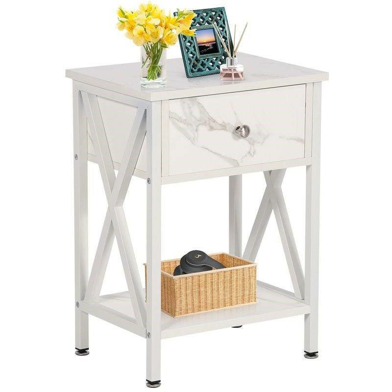 Set of 2 - Rustic Farmhouse 1-Drawer Nightstand Bedside Table in White - FurniFindUSA