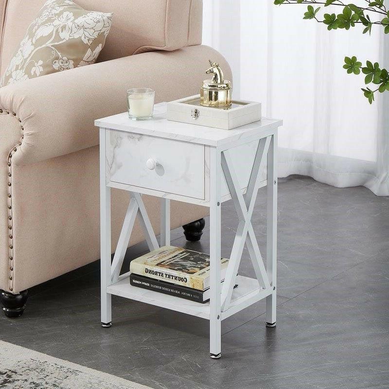 Set of 2 - Rustic Farmhouse 1-Drawer Nightstand Bedside Table in White - FurniFindUSA