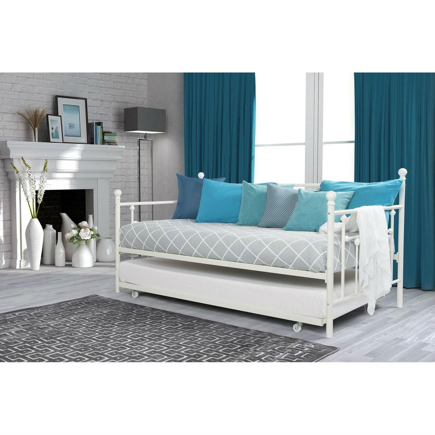 Twin size White Metal DayBed with Roll-out Trundle Bed - FurniFindUSA