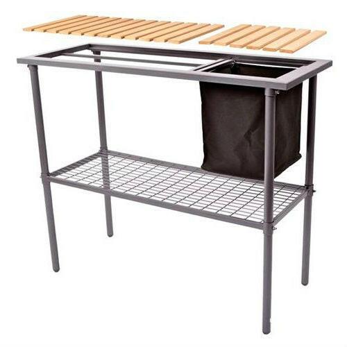 Outdoor Metal Garden Bench Work Table with Wood Top - FurniFindUSA