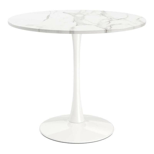 Modern Classic 35-inch Round Pedestal Dining Table Marble Top with White Base - FurniFindUSA