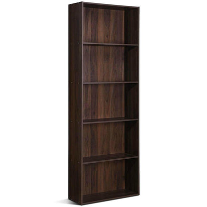 Modern 5-Tier Bookcase Storage Shelf in Brown Walnut Wood Finish - FurniFindUSA