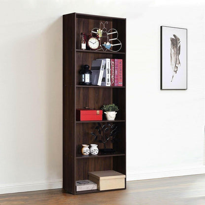 Modern 5-Tier Bookcase Storage Shelf in Brown Walnut Wood Finish - FurniFindUSA