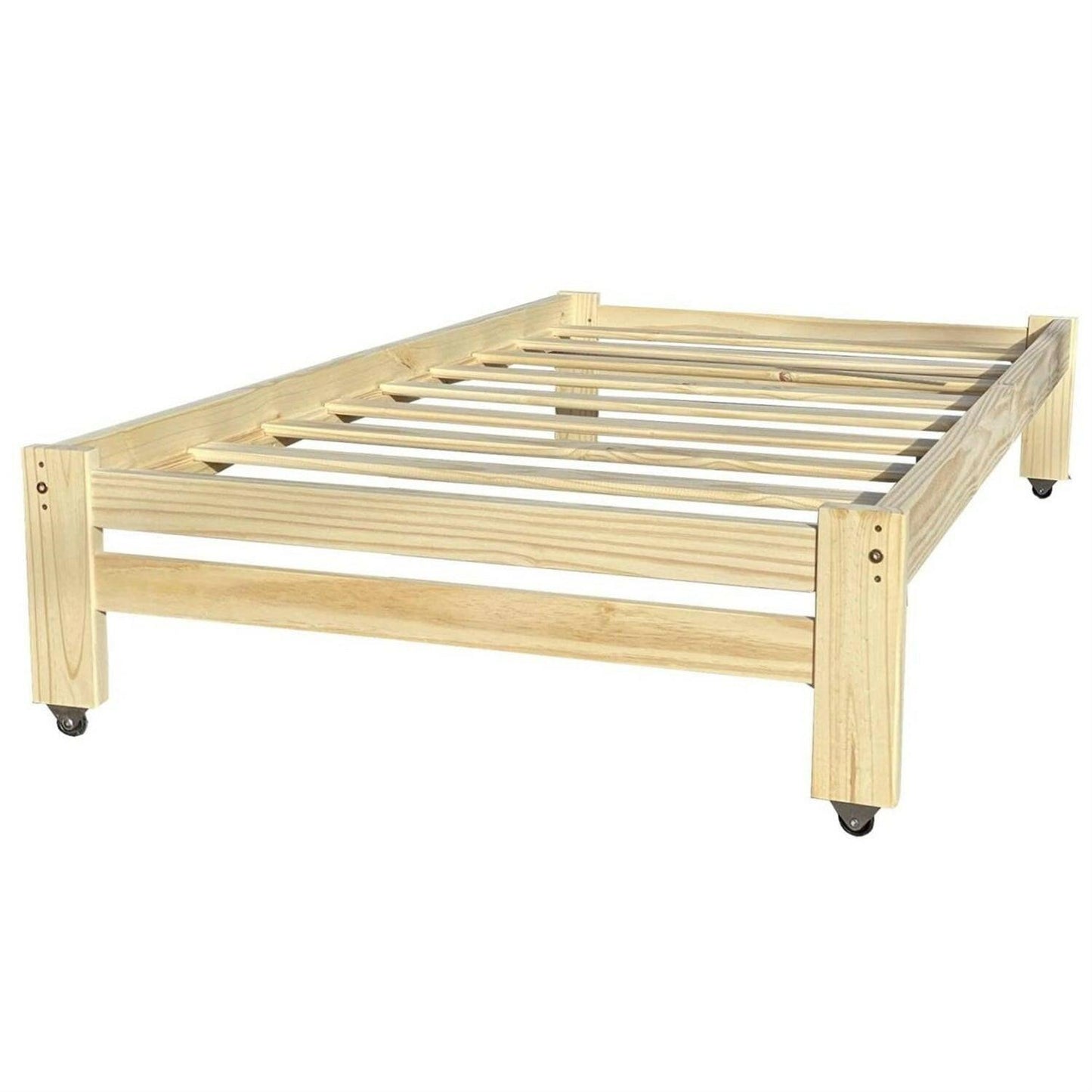 Twin Unfinished Solid Wood Platform Bed Frame with Casters Wheels - FurniFindUSA