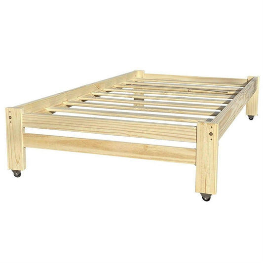 Twin Unfinished Solid Wood Platform Bed Frame with Casters Wheels - FurniFindUSA