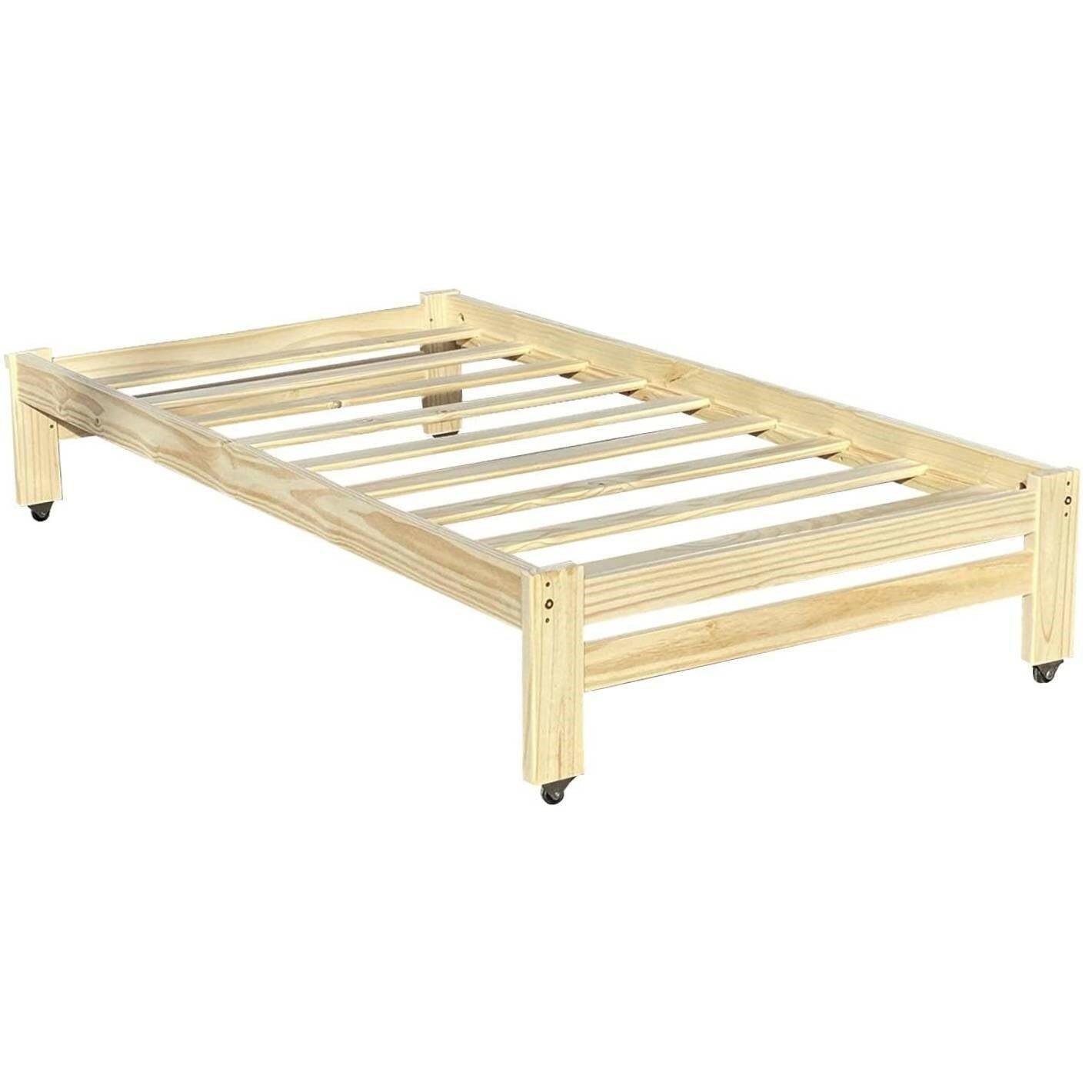 Twin Unfinished Solid Wood Platform Bed Frame with Casters Wheels - FurniFindUSA