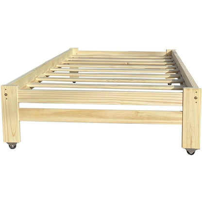 Twin Unfinished Solid Wood Platform Bed Frame with Casters Wheels - FurniFindUSA