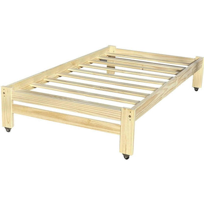 Twin Unfinished Solid Wood Platform Bed Frame with Casters Wheels - FurniFindUSA