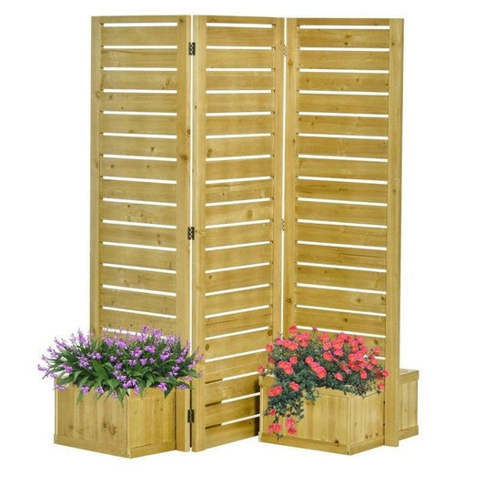 3 Panel Fir Wood Outdoor Privacy Screen with 4 Garden Bed Planters - FurniFindUSA