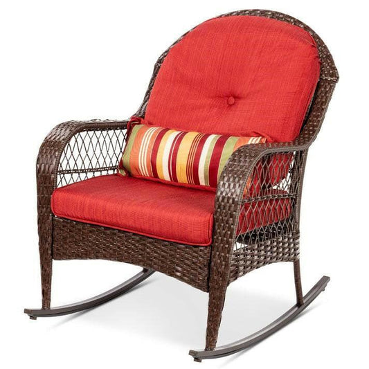 Outdoor Patio Brown Wicker Rocking Chair with Red Cushions and Accent Pillow - FurniFindUSA