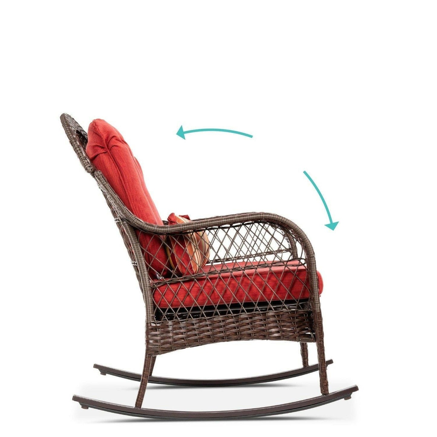 Outdoor Patio Brown Wicker Rocking Chair with Red Cushions and Accent Pillow - FurniFindUSA