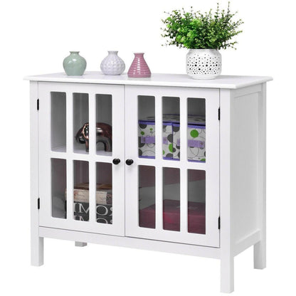White Wood Sideboard Buffet Cabinet with Glass Panel Doors - FurniFindUSA