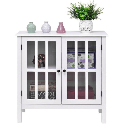 White Wood Sideboard Buffet Cabinet with Glass Panel Doors - FurniFindUSA