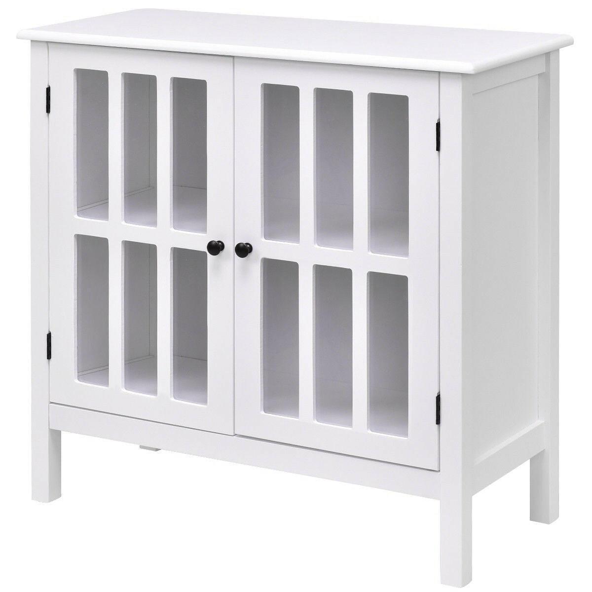 White Wood Sideboard Buffet Cabinet with Glass Panel Doors - FurniFindUSA