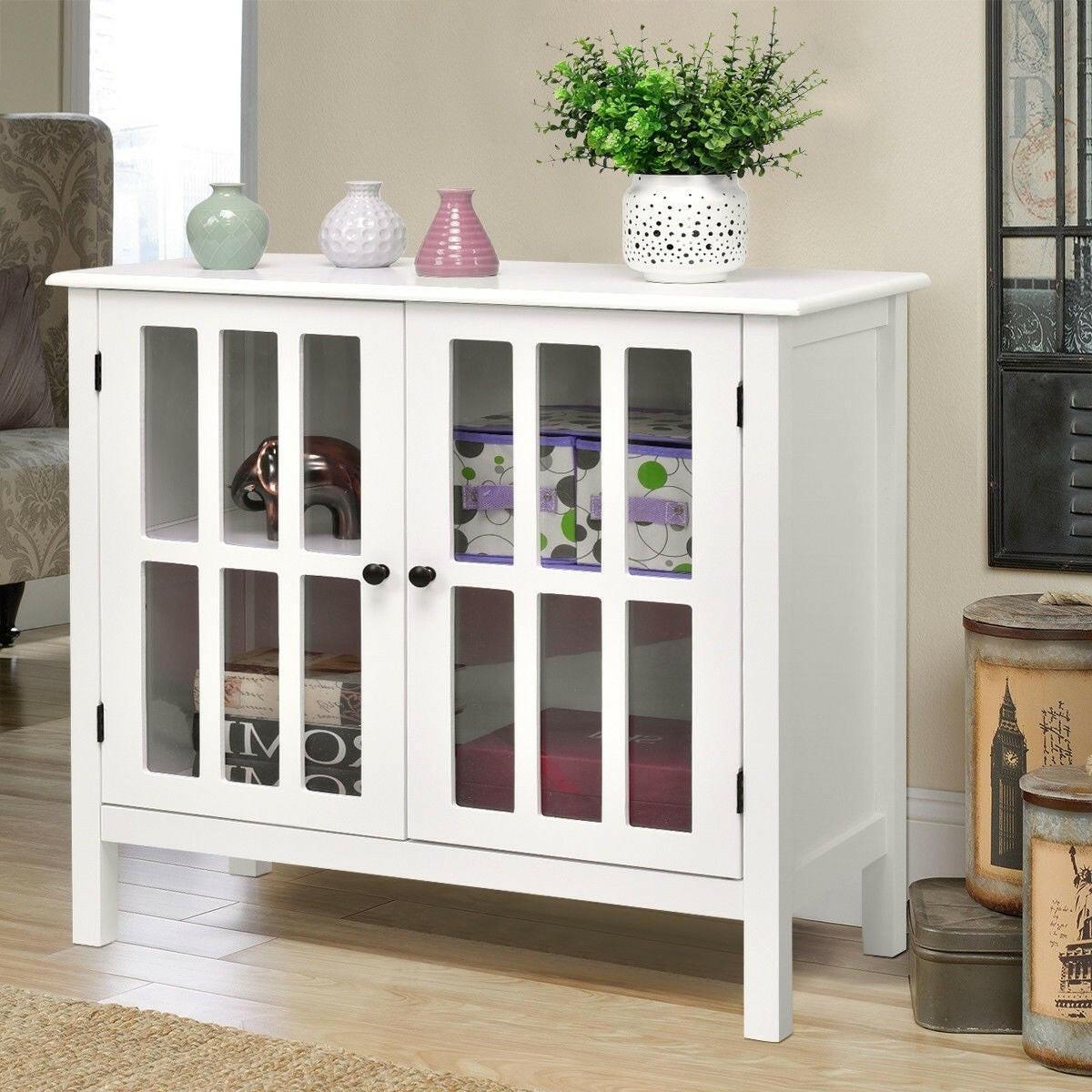 White Wood Sideboard Buffet Cabinet with Glass Panel Doors - FurniFindUSA