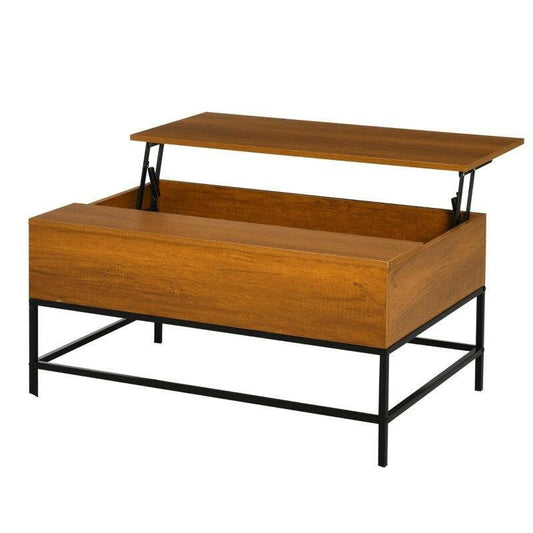 Traditional Farmhouse Brown Lift Top Coffee Table w/ Hidden Storage Black Metal Legs - FurniFindUSA