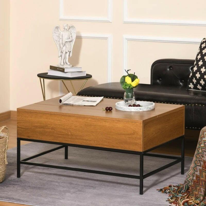 Traditional Farmhouse Brown Lift Top Coffee Table w/ Hidden Storage Black Metal Legs - FurniFindUSA