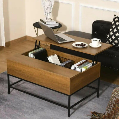 Traditional Farmhouse Brown Lift Top Coffee Table w/ Hidden Storage Black Metal Legs - FurniFindUSA