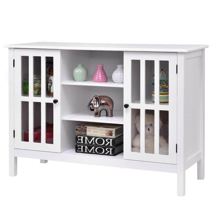 White Wood Sofa Table Console Cabinet with Tempered Glass Panel Doors - FurniFindUSA