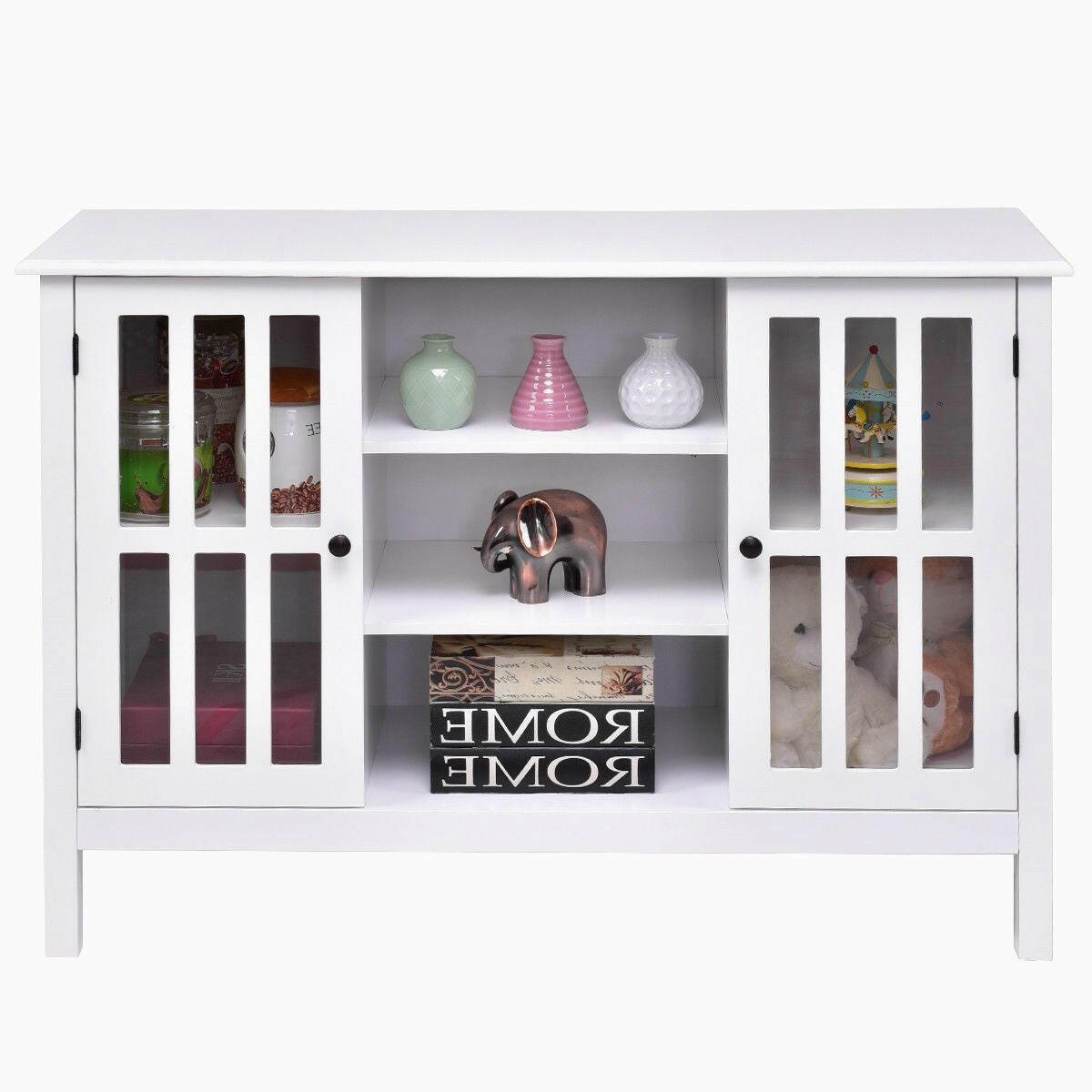 White Wood Sofa Table Console Cabinet with Tempered Glass Panel Doors - FurniFindUSA