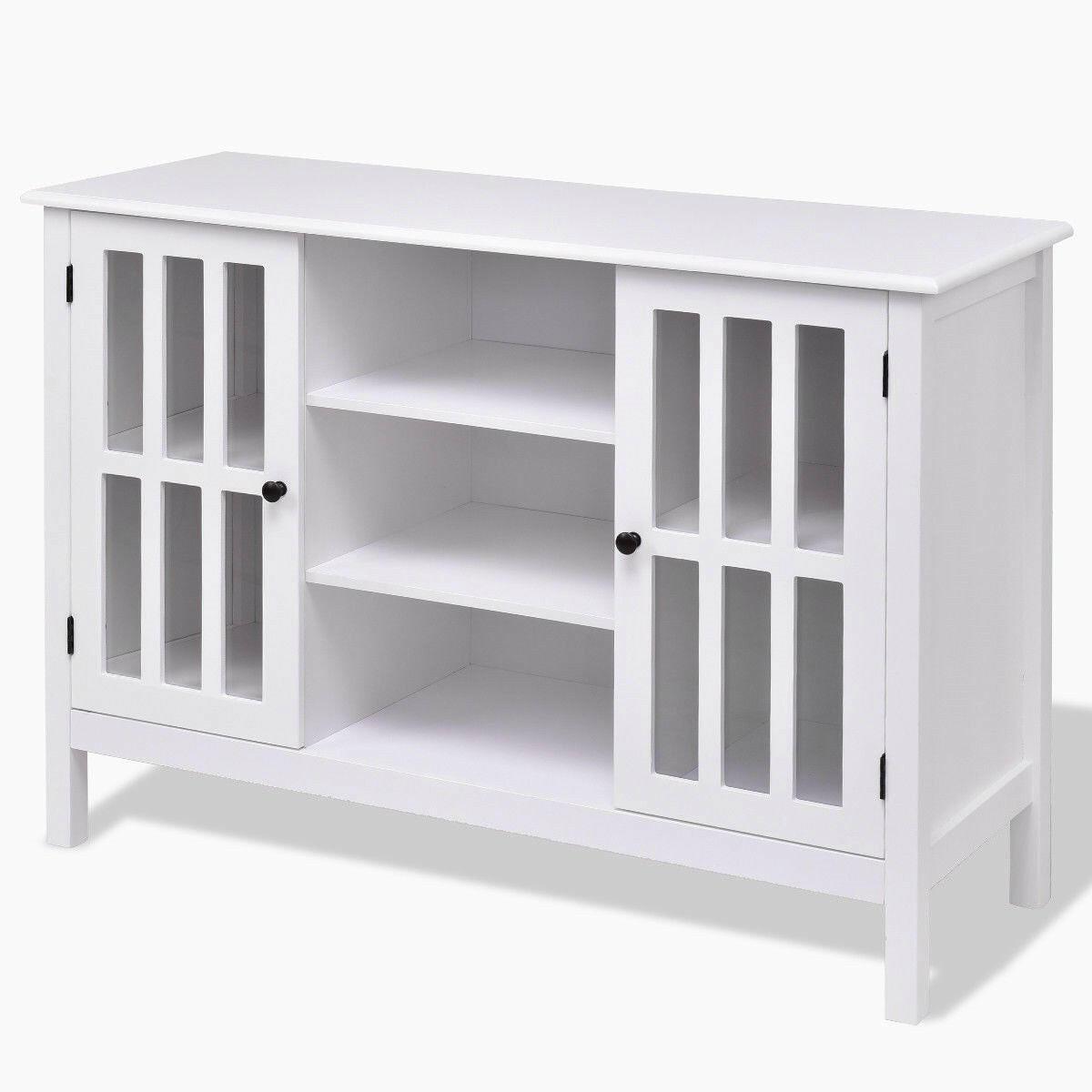 White Wood Sofa Table Console Cabinet with Tempered Glass Panel Doors - FurniFindUSA