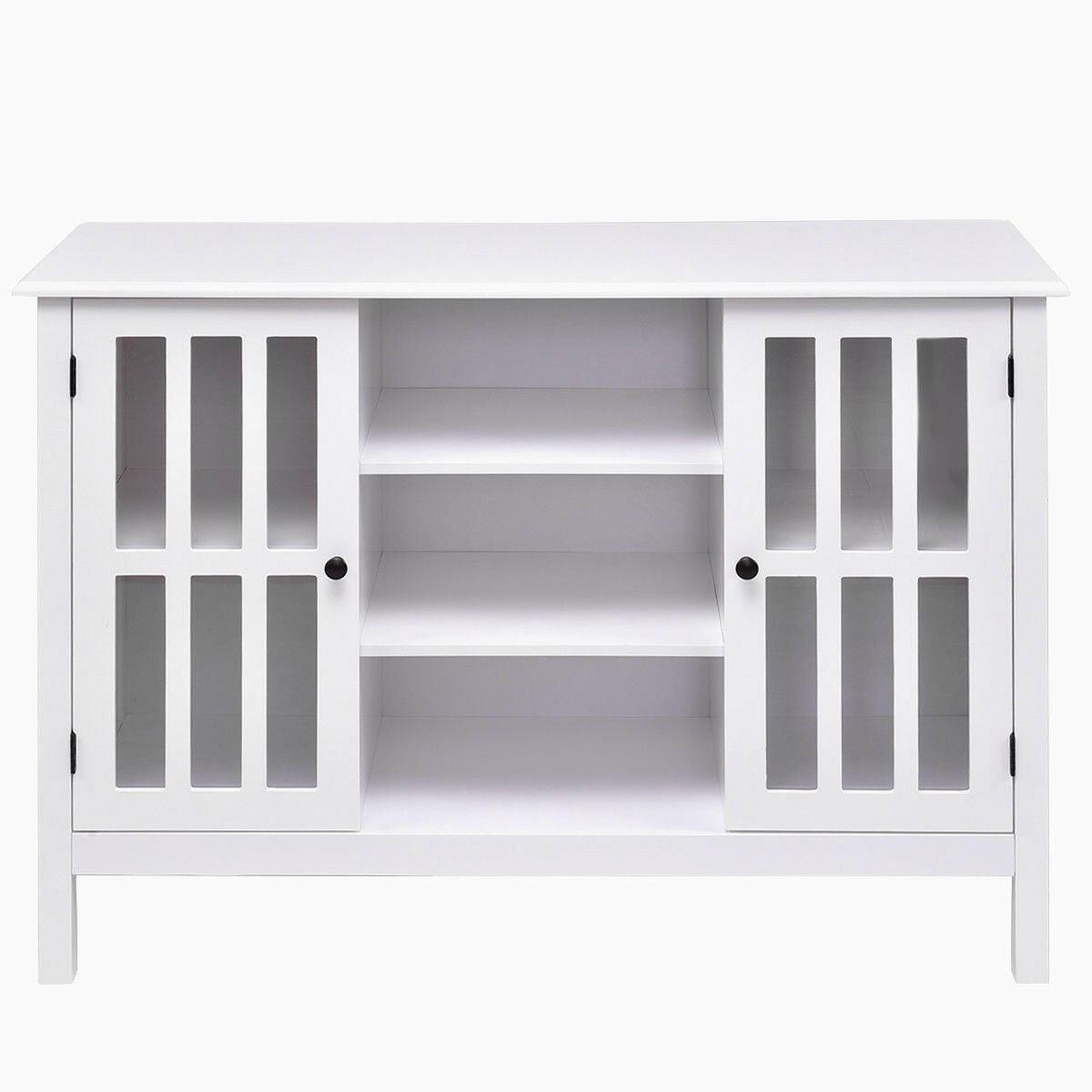 White Wood Sofa Table Console Cabinet with Tempered Glass Panel Doors - FurniFindUSA