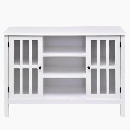 White Wood Sofa Table Console Cabinet with Tempered Glass Panel Doors - FurniFindUSA