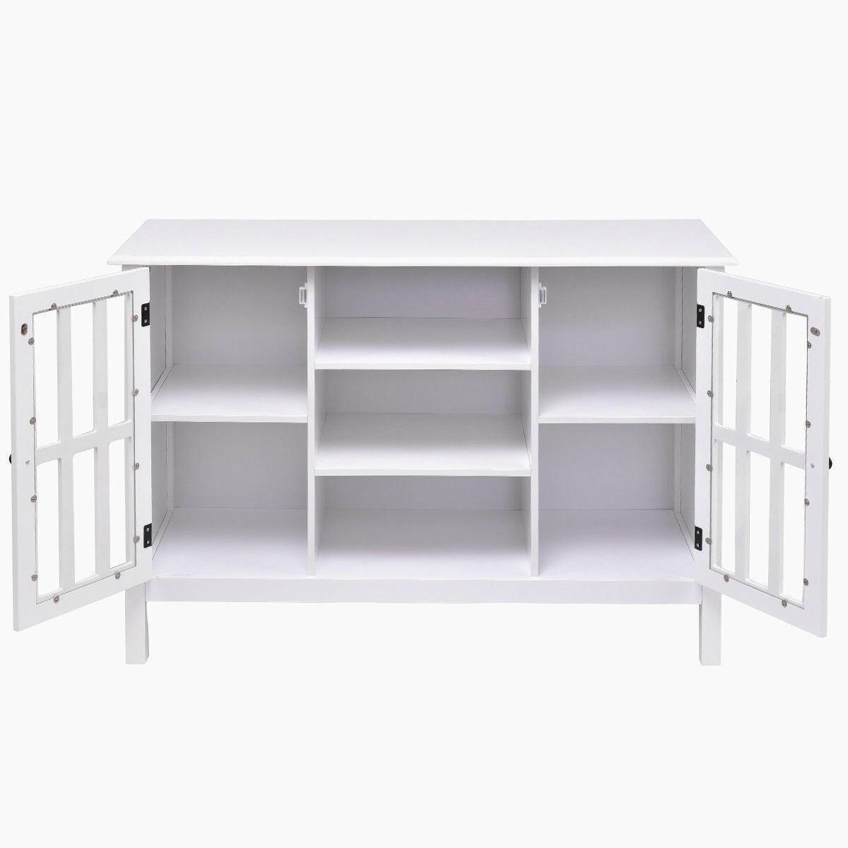 White Wood Sofa Table Console Cabinet with Tempered Glass Panel Doors - FurniFindUSA