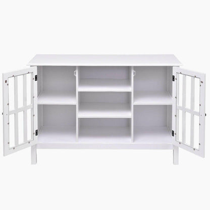 White Wood Sofa Table Console Cabinet with Tempered Glass Panel Doors - FurniFindUSA