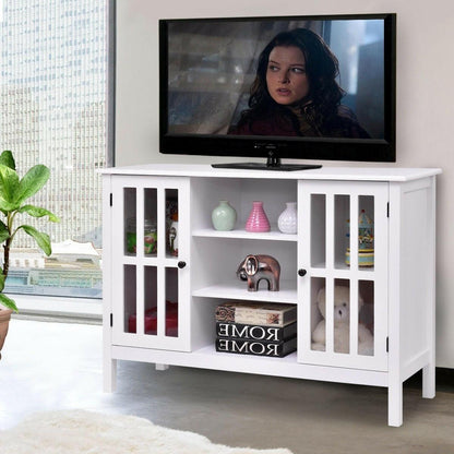 White Wood 43-inch TV Stand with Glass Panel Doors - FurniFindUSA