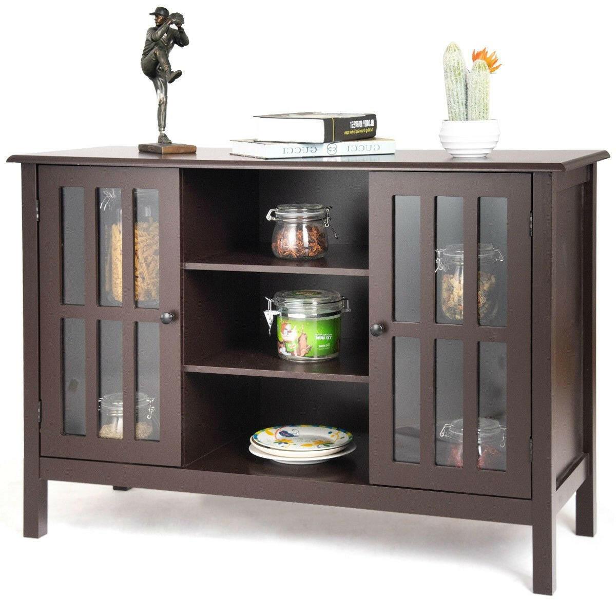 Brown Wood Sofa Tale Console Cabinet with Tempered Glass Panel Doors - FurniFindUSA