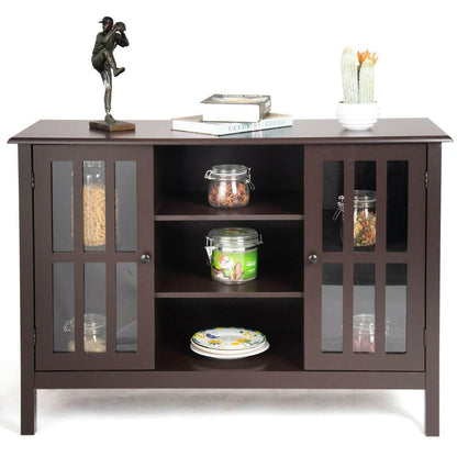 Brown Wood Sofa Tale Console Cabinet with Tempered Glass Panel Doors - FurniFindUSA