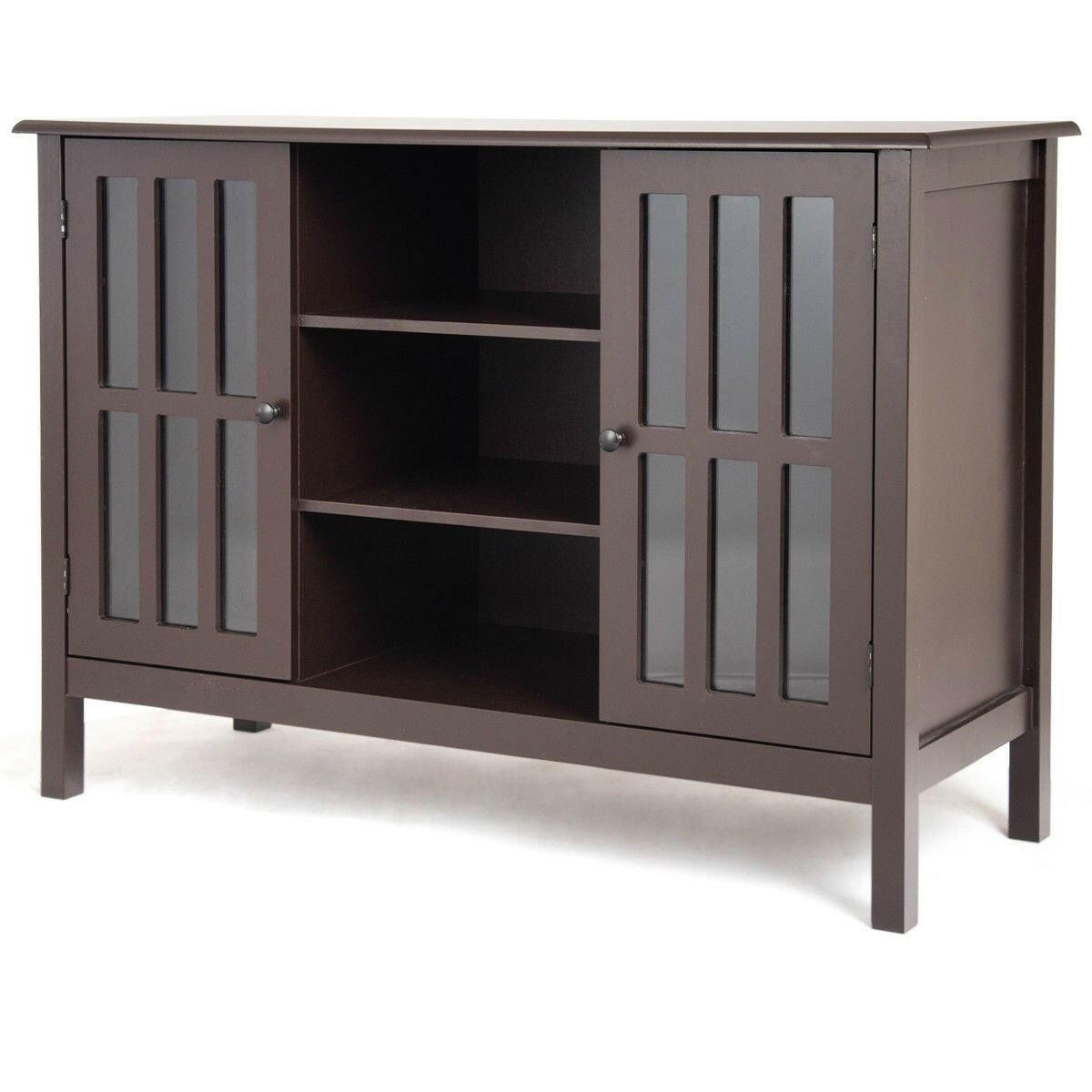 Brown Wood Sofa Tale Console Cabinet with Tempered Glass Panel Doors - FurniFindUSA