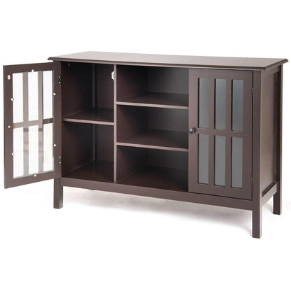 Brown Wood Sofa Tale Console Cabinet with Tempered Glass Panel Doors - FurniFindUSA