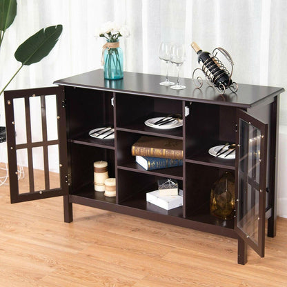 Brown Wood Sofa Tale Console Cabinet with Tempered Glass Panel Doors - FurniFindUSA