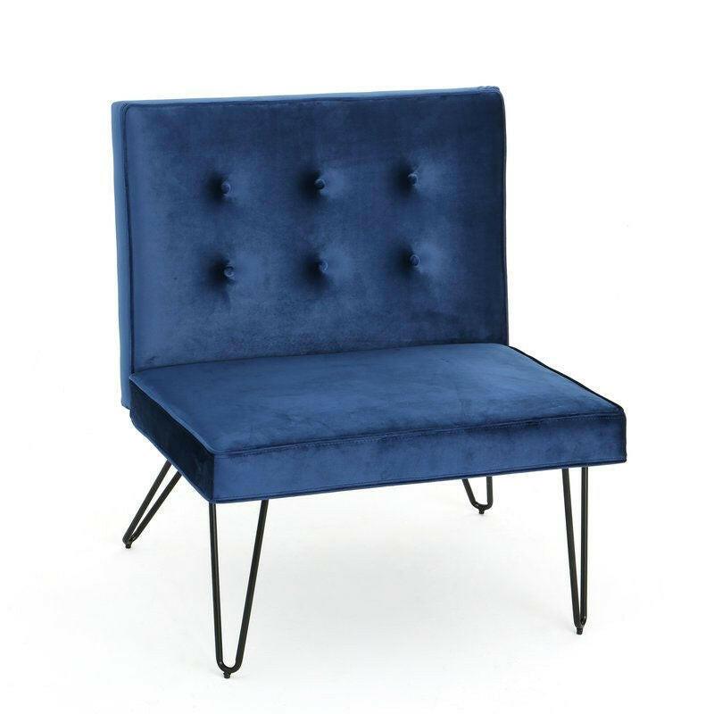 Navy Velvety Soft Upholstered Polyester Accent Chair Black Metal Legs - FurniFindUSA