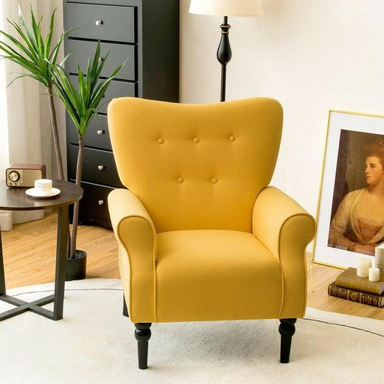 Yellow Retro Tufted Polyester Accent Chair with Stylish Espresso Wood Legs - FurniFindUSA