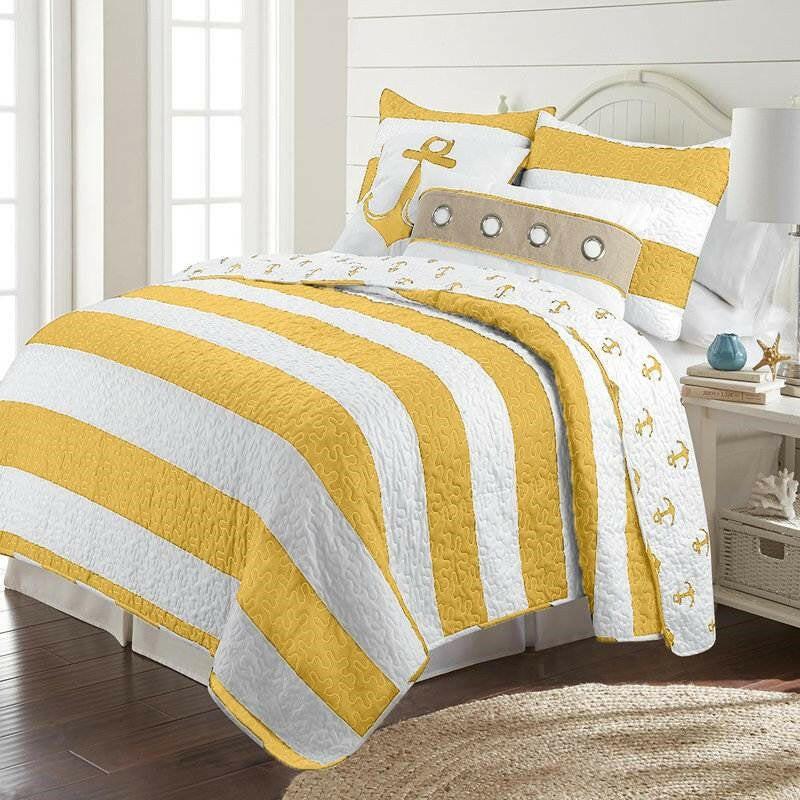 Full/Queen 3 Piece Striped Anchors Reversible Microfiber Quilt Set Yellow - FurniFindUSA