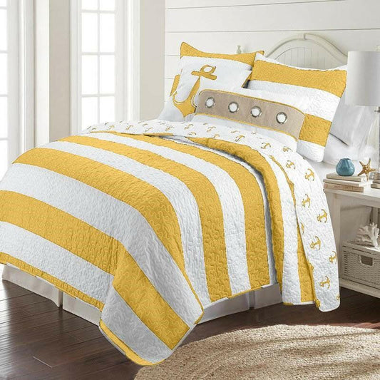 Full/Queen 3 Piece Striped Anchors Reversible Microfiber Quilt Set Yellow - FurniFindUSA