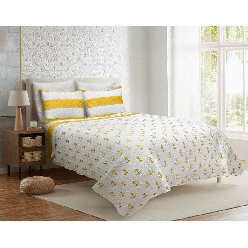 Full/Queen 3 Piece Striped Anchors Reversible Microfiber Quilt Set Yellow - FurniFindUSA