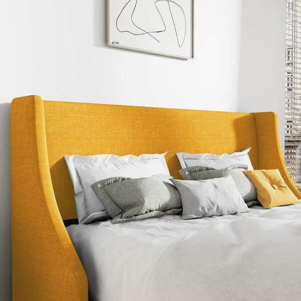 Full Size Yellow Linen Blend Upholstered Platform Bed with Wingback Headboard - FurniFindUSA