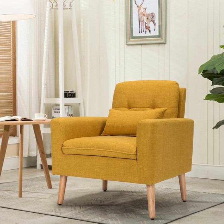 Yellow Linen Mid-Century Modern Living Room Accent Chair with Pillow - FurniFindUSA