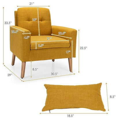 Yellow Linen Mid-Century Modern Living Room Accent Chair with Pillow - FurniFindUSA