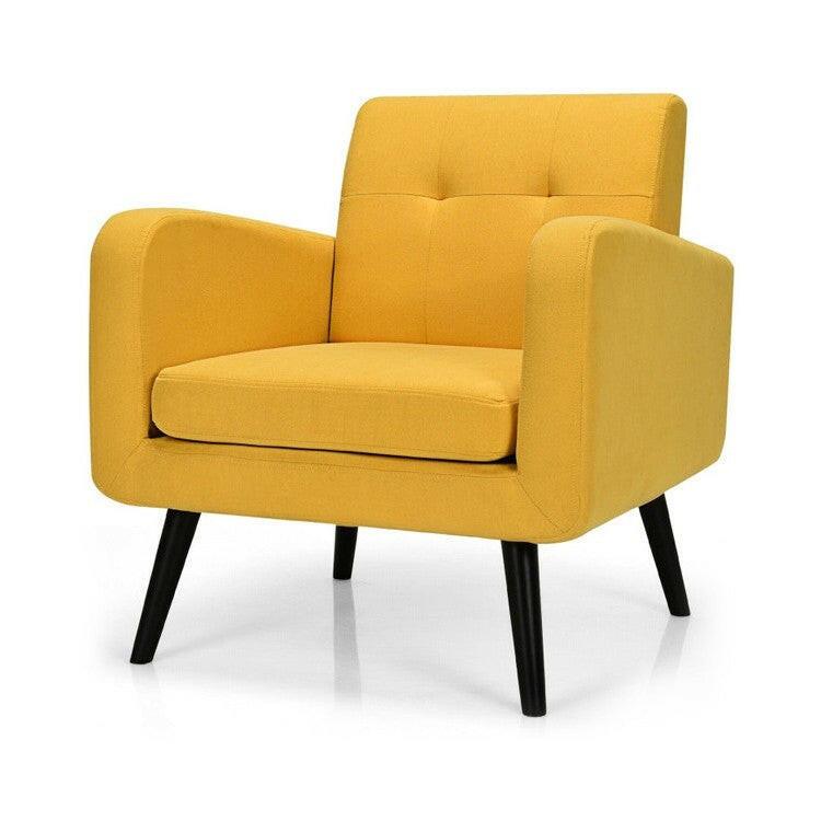 Mid-Century Modern Yellow Linen Upholstered Accent Chair with Wooden Legs - FurniFindUSA