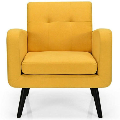 Mid-Century Modern Yellow Linen Upholstered Accent Chair with Wooden Legs - FurniFindUSA