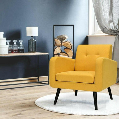 Mid-Century Modern Yellow Linen Upholstered Accent Chair with Wooden Legs - FurniFindUSA