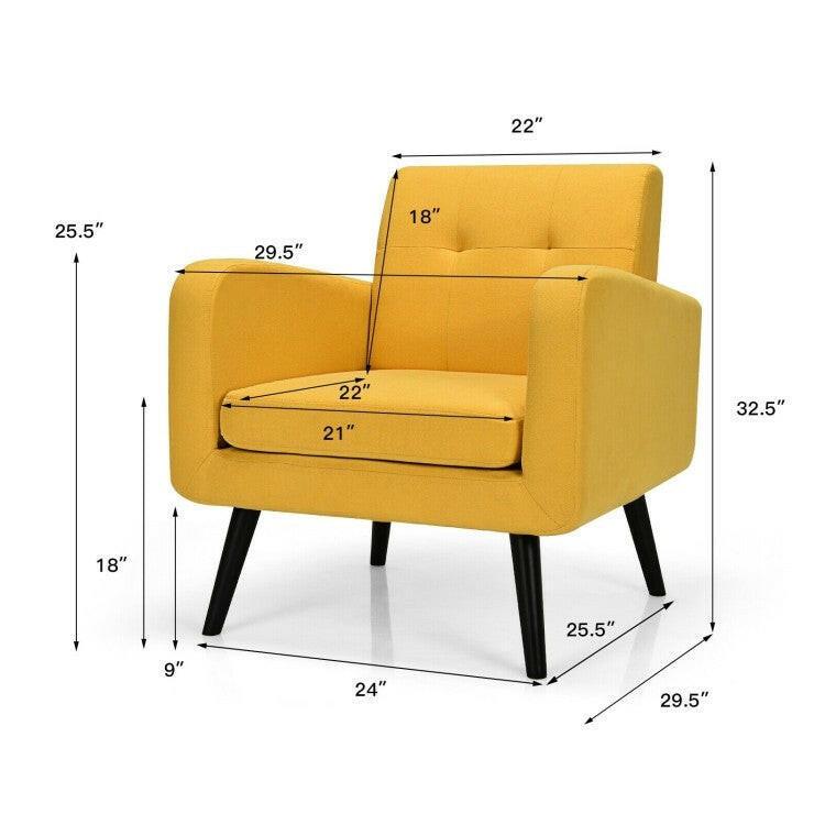 Mid-Century Modern Yellow Linen Upholstered Accent Chair with Wooden Legs - FurniFindUSA